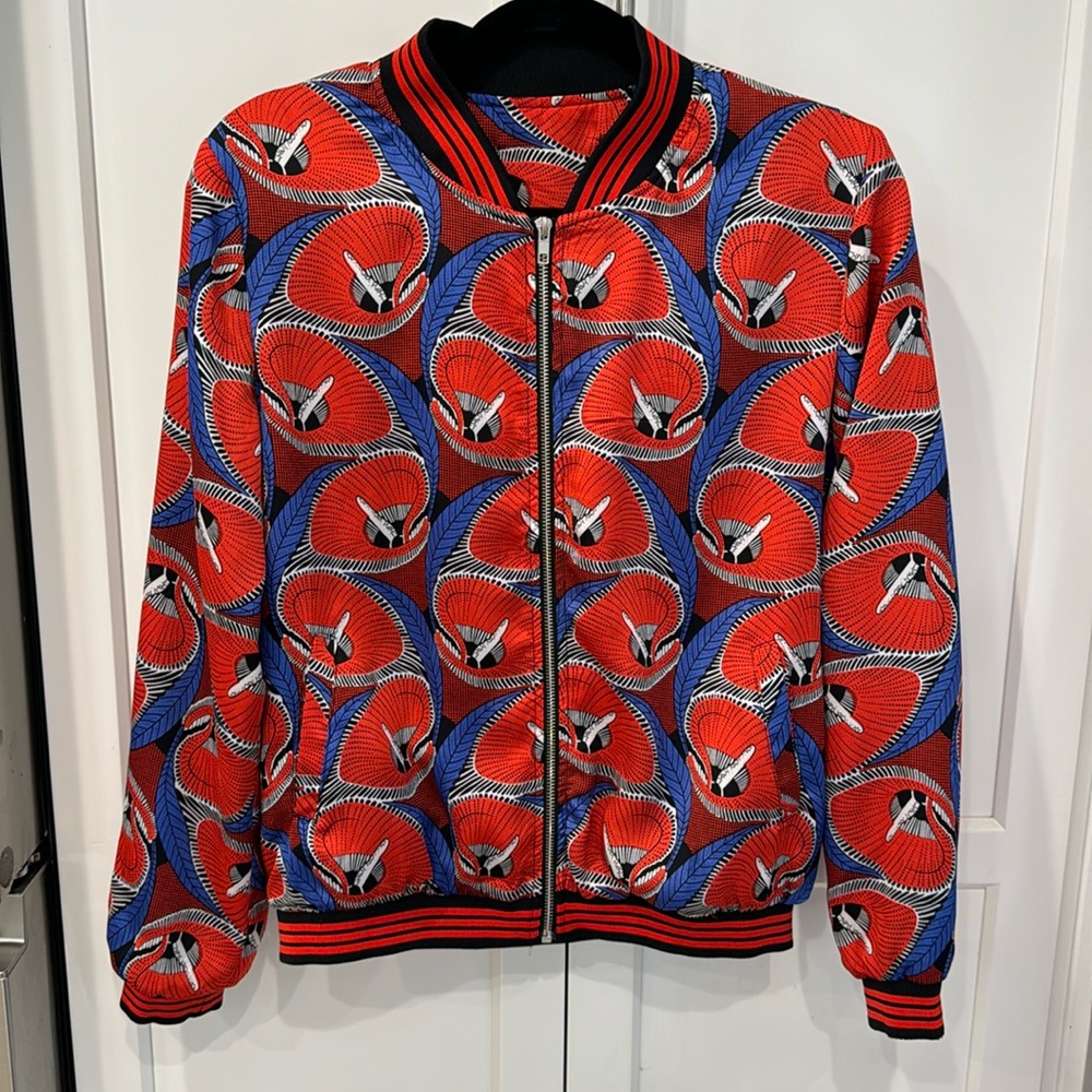 Sarah John Paris Red and Blue Printed Bomber Jacket
